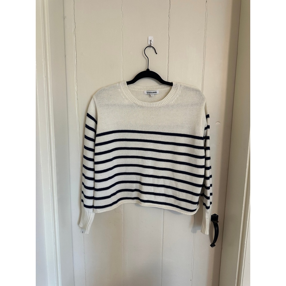 Vigoss Womens Striped Knit Sweater Cream Navy Blue Crew Neck Long Sleeve‎ Small